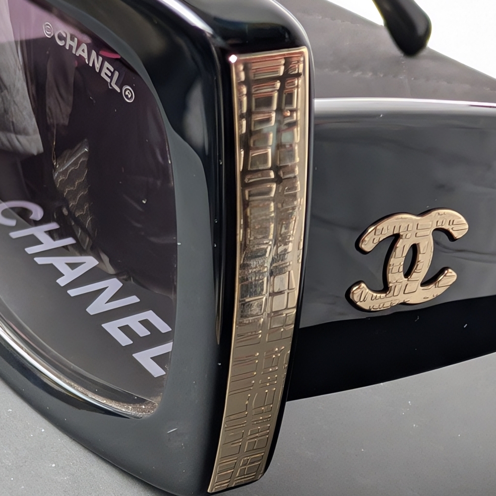 Authentic CHANEL Rectangle Sunglasses Black And Gold Iconic Side Logo - Picture 10 of 16